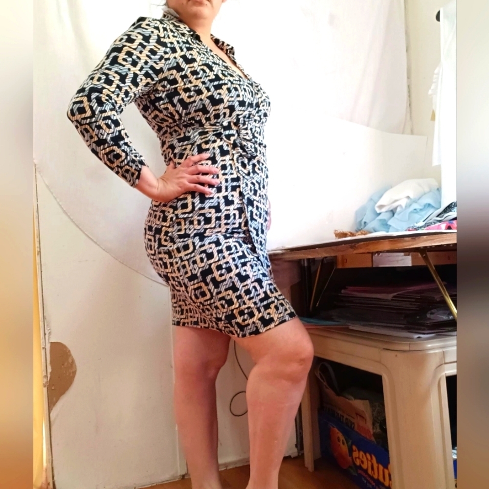 Dress Glamour, Faux wrap Dress geometric, Full stretch, Business,Formal,sz 6.